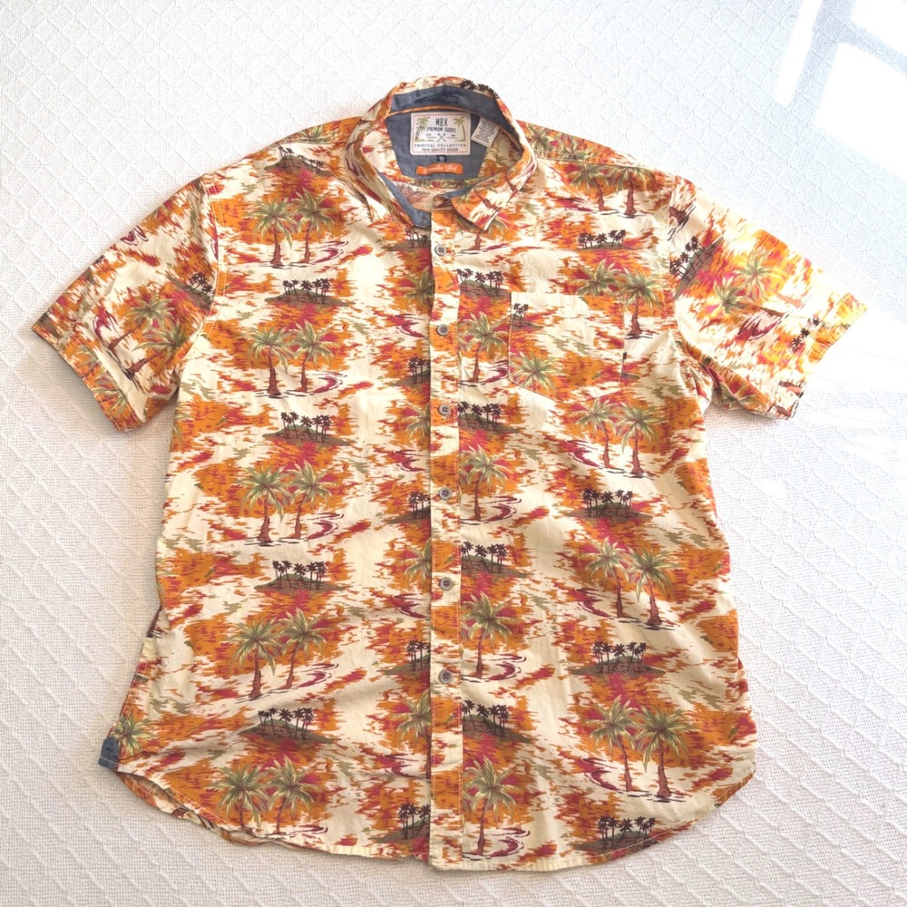MBX Premium Goods Mens XL Paradise Shirt Orange Tropical Palm Tree Button Down - Picture 1 of 5